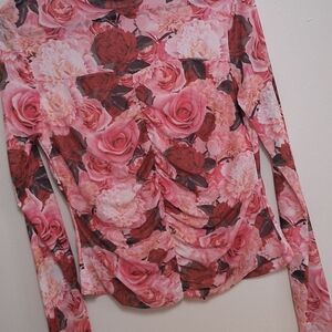 SHEIN Pink and Red Floral Ruched Blouse